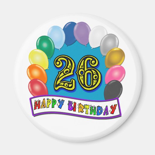 Aimant Cadeaux du 26e anniversaire avec Ballons Assortis (Devant)