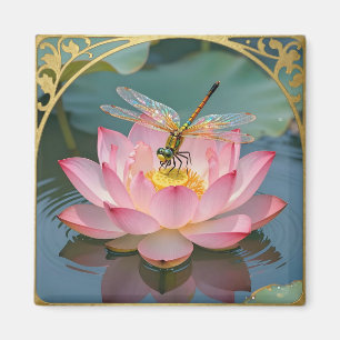 Aimant Cadre Art Nouveau Libellule Élégante Fleur de Lotu