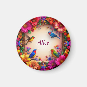 Aimant Cadre floral lumineux avec oiseaux colorés dans la