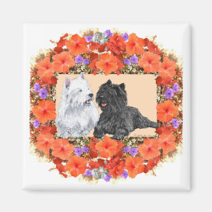 Aimant Cairn noir et terriers Westie en floral