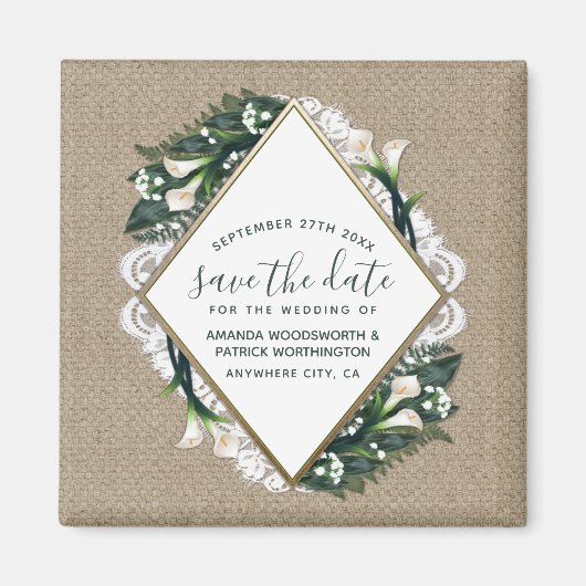 Aimant Calla Lily Burlap Mariage Enregistrer la date Magn (Devant)