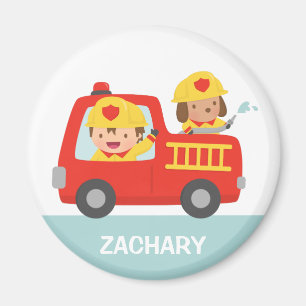Aimant Camion de pompiers rouge avec le garçon et le