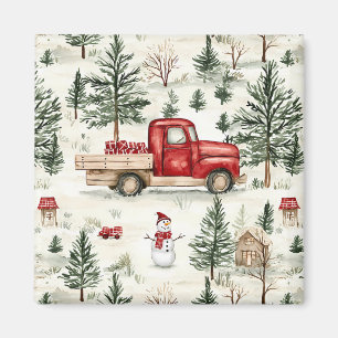 Aimant Camion rouge avec cadeaux et bonhomme de neige