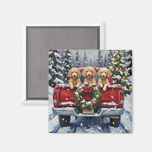 Aimant Camion Rouge de Noël Caniche Vacances (Recto/Verso)