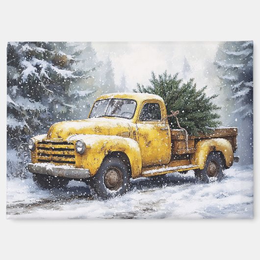 Aimant Camionnette Jaune Vintage de Noël (Recto)