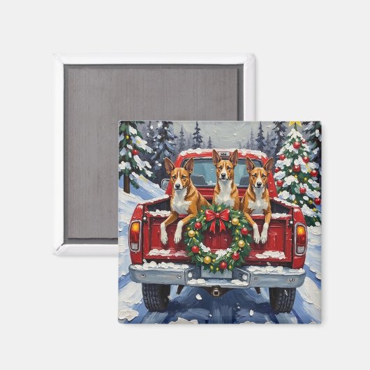 Aimant Camionnette Rouge de Noël Basenji Fêtes (Recto/Verso)