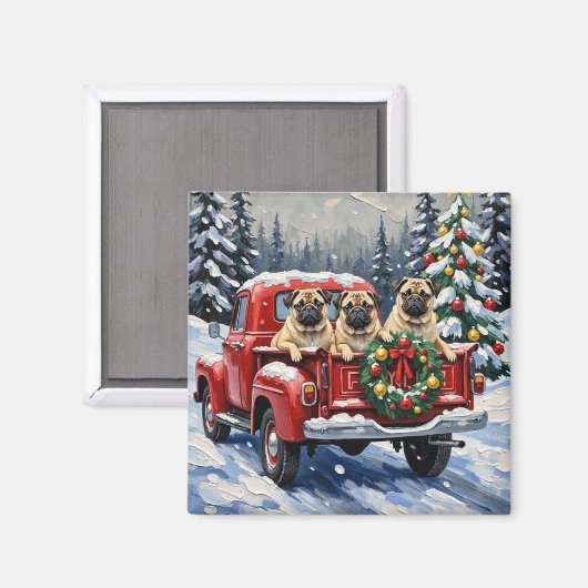 Aimant Camionnette Rouge de Noël Pug Fêtes (Recto/Verso)