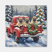 Aimant Camionnette Rouge de Noël Pug Fêtes (Devant)