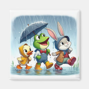Aimant Canard mignon, grenouille, lapin sous la pluie