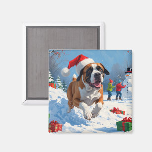 Aimant Cane Corso courant dans la neige avec un chapeau d
