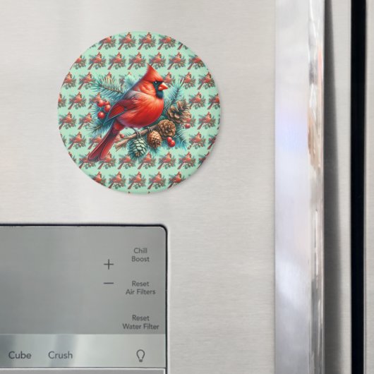 Aimant Cardinal sur la branche des pins avec les baies d' (In situ (réfrigérateur))