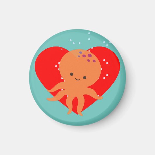 Aimant Caricature de poulpe mignonne Coeur rouge (Devant)