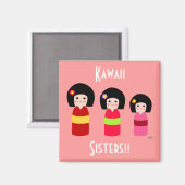 Aimant Caricature des soeurs de poupées Kokeshi (Recto/Verso)