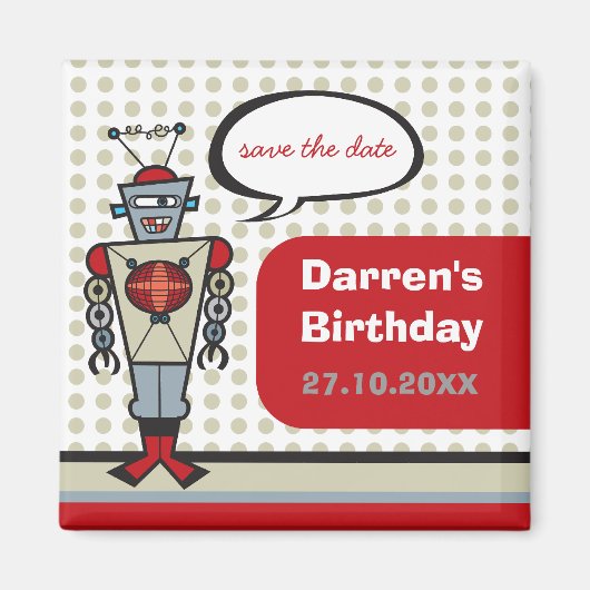 Aimant Caricature Robot Rétro Cute Kids Boy Fête d'annive (Devant)