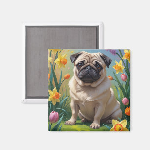 Aimant Carlin Fleurs de printemps de chien Peinture