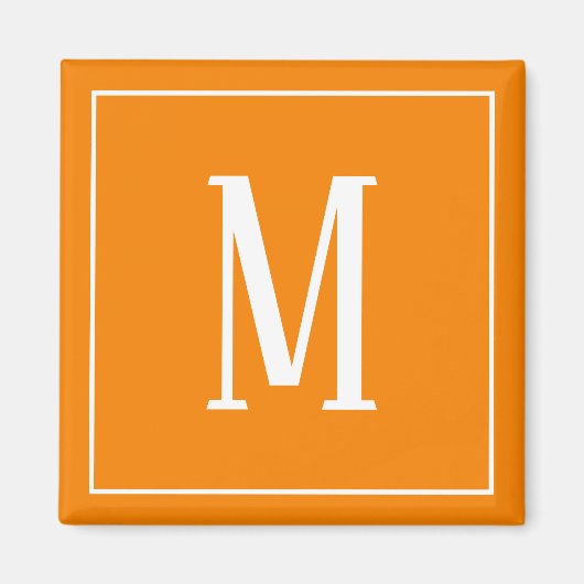 Aimant carré avec monogramme blanc sur fond orange (Devant)