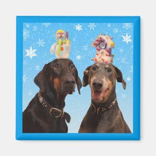 Aimant carré drôle de Noël d'hiver de dobermann