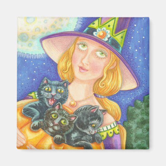 AIMANT CARRÉ HALLOWEEN CHAT NOIR KITTENS & WITCH (Devant)