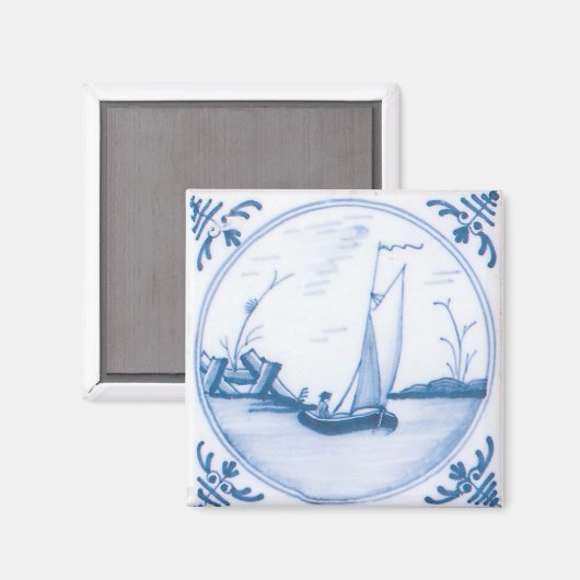 Aimant Carreau d'art de bateau à voile Delft vintage bleu (Recto/Verso)