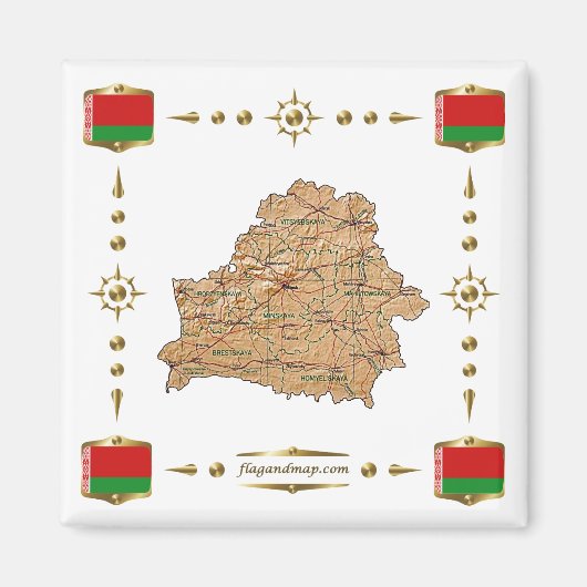 Aimant Carte de la Biélorussie + Magnat des drapeaux (Devant)