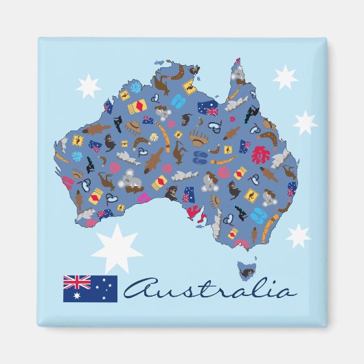 Aimant Carte de l'Australie avec des objets culturels (Devant)