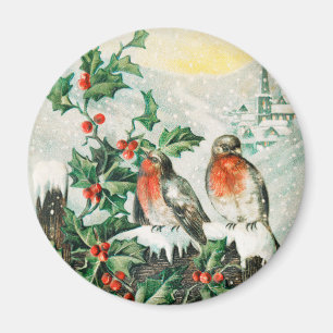 Aimant Carte de Noël vintage avec rouges-gorges, houx, ég