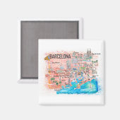 Aimant Carte de voyage illustrée de Barcelone avec routes (Recto/Verso)