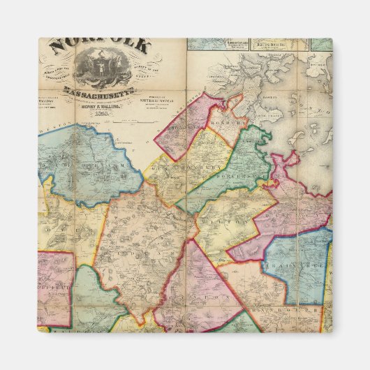 Aimant Carte du Comté de Norfolk, Massachusetts (Devant)