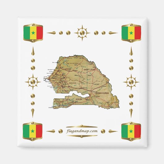 Aimant Carte du Sénégal + Pavillon du drapeau (Devant)