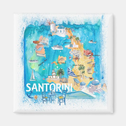Aimant Carte illustrée de Santorin Grèce avec les princip (Devant)