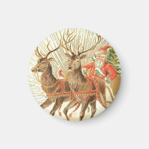 Aimant Carte postale de Noël vintage, Père Noël avec renn