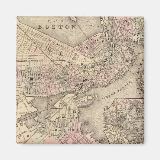 Aimant Carte vintage de Boston (1880) (Devant)