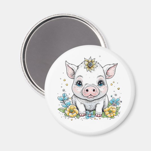 Aimant Cartoon mignon bébé cochon en fleurs (Recto/Verso)