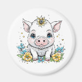 Aimant Cartoon mignon bébé cochon en fleurs (Devant)