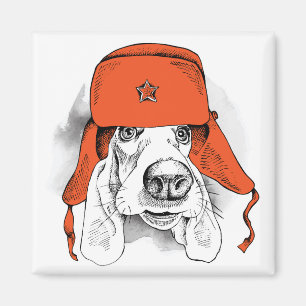 Aimant Casquette rouge de Basset Hound Ushanka