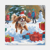 Aimant Cavalier King Charles Spaniel Neige avec Noël (Devant)