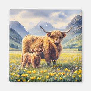 Aimant Champ de tasse à la vache et au veau de Highland