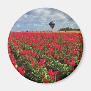 Aimant Champ de tulipe rouge avec ballon à air chaud