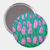 Aimant Champ de tulipes roses, Fleurs de printemps peintu (Recto/Verso)