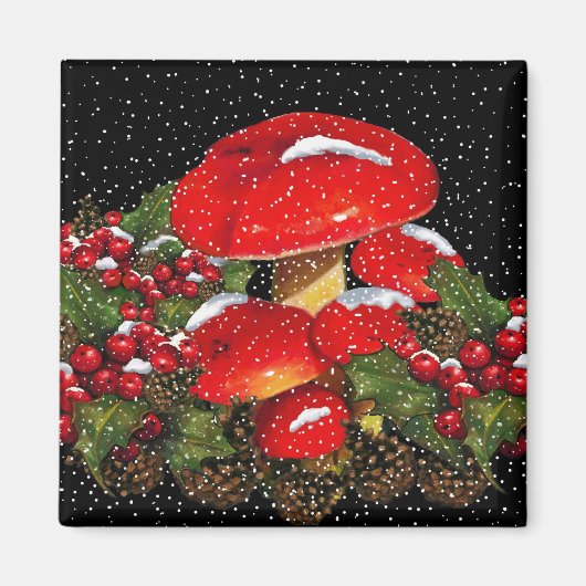 Aimant Champignon de Noël, Tabourets, Neige, Holly (Devant)