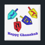 Aimant Chanukah Dreidels<br><div class="desc">Un joyeux cadeau de Chanukah avec 4 dreidels avec des lettres hébraïques qui représentent Un grand miracle s'est produit là!</div>