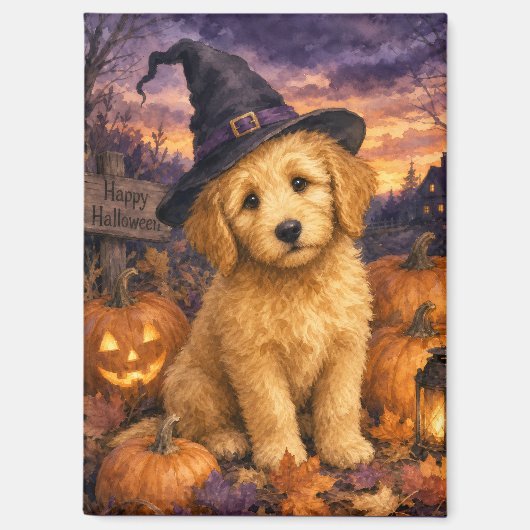 Aimant Chapeau de sorcière Goldendoodle Citrouille (Recto)