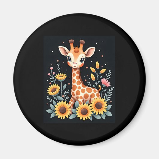 Aimant Charmante Giraffe Entourée De Fleurs Longues Manch (Devant)