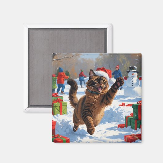 Aimant Chat abyssin Scène de Noël enneigée festive (Recto/Verso)