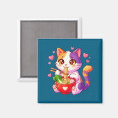 Aimant Chat Anime Mangeant des Nouilles Ramen Avec des Cœ (Recto/Verso)
