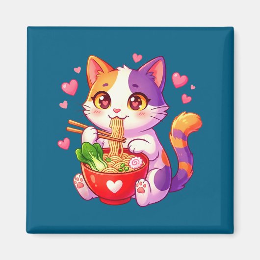 Aimant Chat Anime Mangeant des Nouilles Ramen Avec des Cœ (Devant)