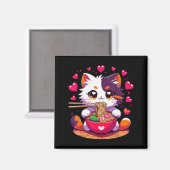 Aimant Chat Anime Mangeant Des Nouilles Ramen Avec Des Cœ (Recto/Verso)
