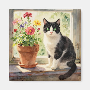 Aimant Chat aquarelle et fleurs sur appui de fenêtre