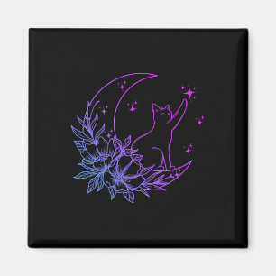 Aimant Chat Assis Sur Crescent Lune Fleurs Étoiles Femmes