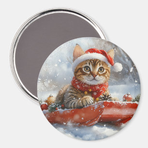 Aimant Chat Bengal dans un traîneau Laissez neige Noël